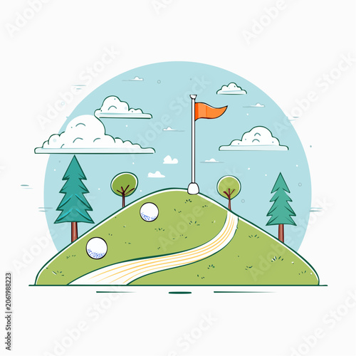Golf Course Illustration with Flag and Golf Balls