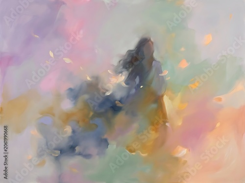 Ethereal figure in pastel mist with floating petals, impressionist painting