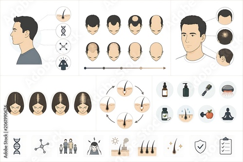 Comprehensive medical infographic vector icon set showing stages of hair loss, hair growth cycle, and various alopecia treatments.