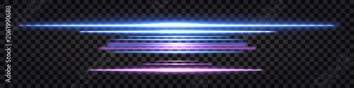 Neonglowing lines, blue and purple vaporwave retro divider or border with light shine. Geometric linear design, luminous beams, laser rays. Vector isolated