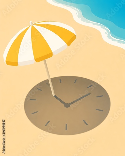 Creative summer concept showing a yellow striped beach umbrella casting a shadow shaped like a clock face on the sand.