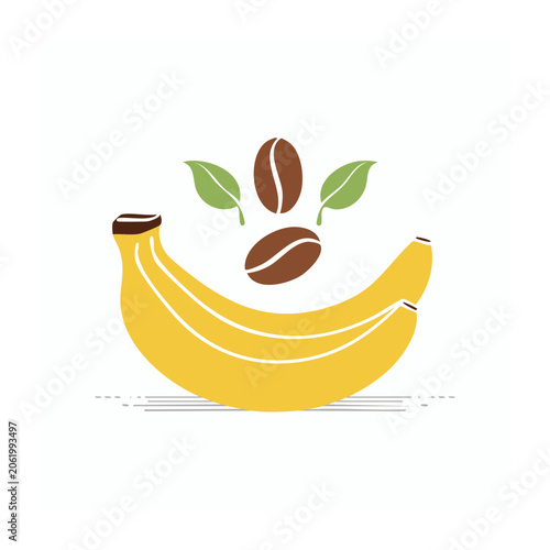 Flat design yellow banana with green leaf isolated