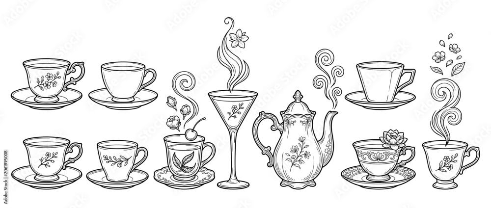 Fototapeta premium Elegant kitchenware cups teacups and teapot spill stylized swirls and floral elements line art illustration