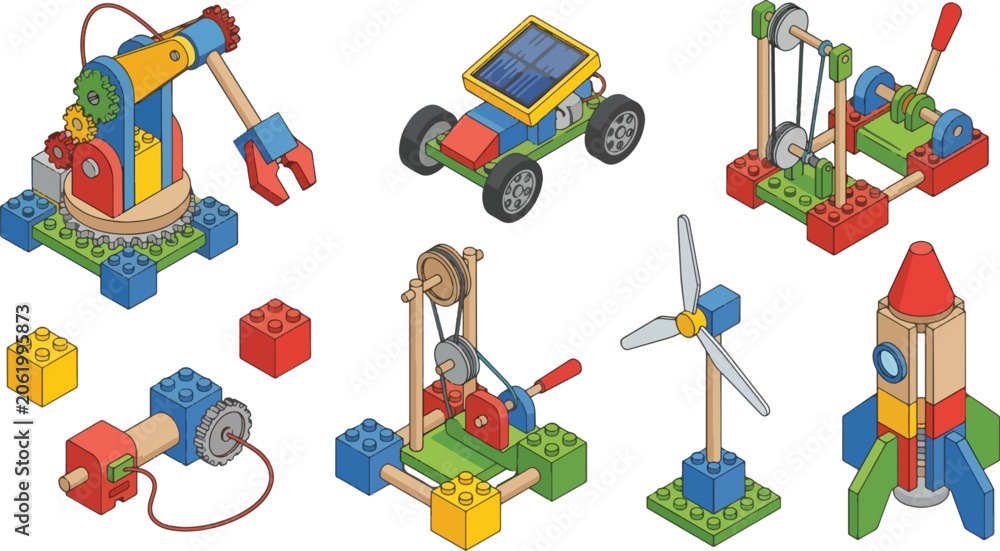 Naklejka premium Colorful Toy Robots and Machines Made from Blocks