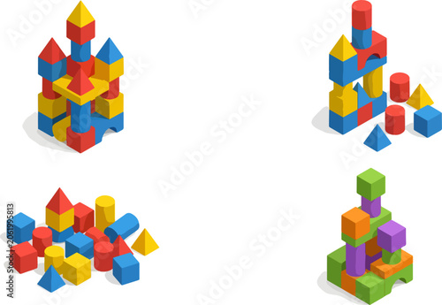 Colorful Block Toy Structures In Various Arrangements