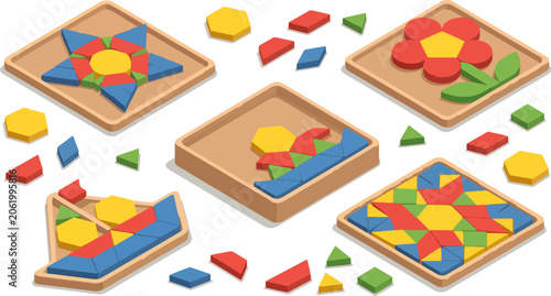 Colorful Geometric Tile Puzzles on Wooden Trays