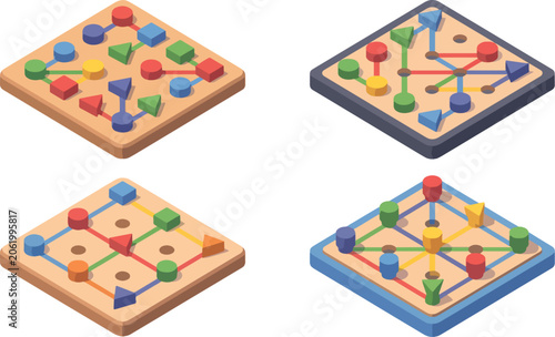 Colorful Wooden Brain Teaser Boards with Geometric Pegs