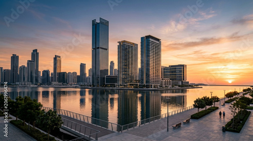 Modern City Skyline at Sunset with Waterfront Reflection