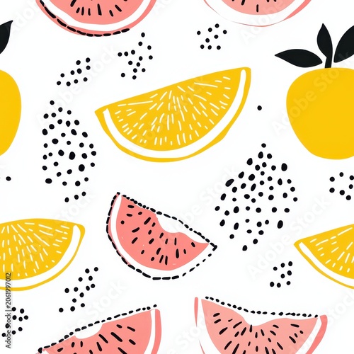Seamless pattern with hand drawn citrus slices and watermelon segments, vibrant fruit wallpaper design for textile fabric and wrapping paper backgrounds