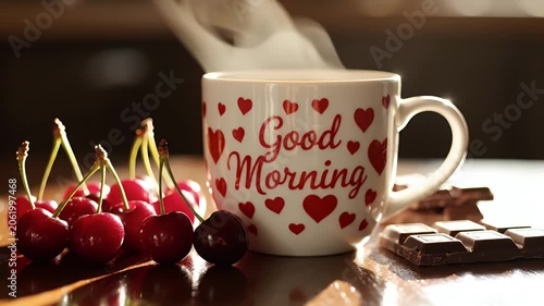 Cozy morning still life featuring a heart patterned mug with 'Good Morning' text, ripe cherries, and chocolate on a sunlit wooden table
