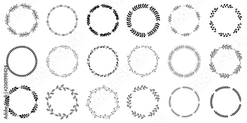 Hand drawn floral wreaths set. Elegant botanical circle frames and leafy borders for wedding invitations and logo design.