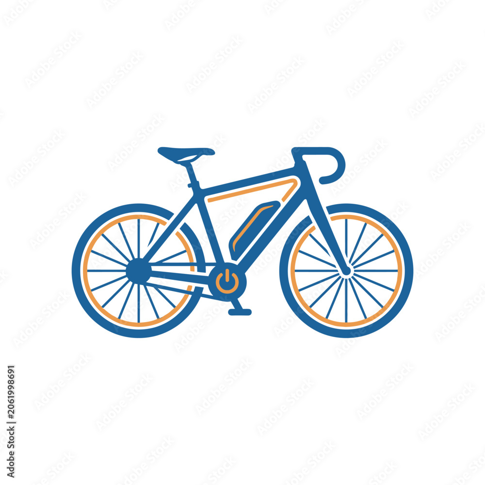 Fototapeta premium Electric bicycle icon with blue frame and orange details.