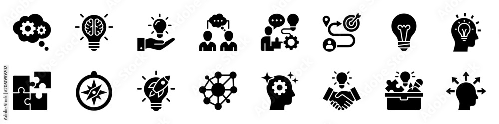 Fototapeta premium Set of business concept icons representing ideas, innovation, teamwork, strategy, problem solving, creativity, and collaboration on transparent background