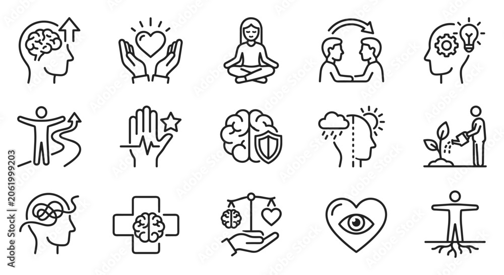Obraz premium Set of mental health and wellness line icons including brain growth, meditation, care, balance, resilience, and emotional support symbols on transparent background