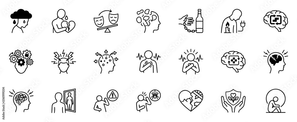 Fototapeta premium Set of mental health and emotional wellness line icons including depression, heartbreak, mood swings, addiction, anxiety, stress, PTSD and self reflection on transparent background