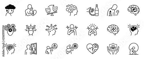 Obraz na plátně Set of mental health and emotional wellness line icons including depression, hea
