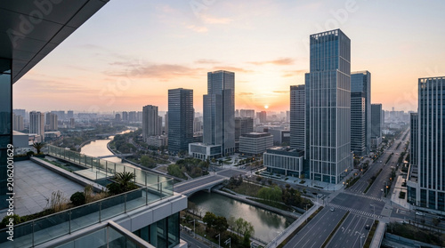 Modern City Skyline at Sunrise from High Rise Balcony  