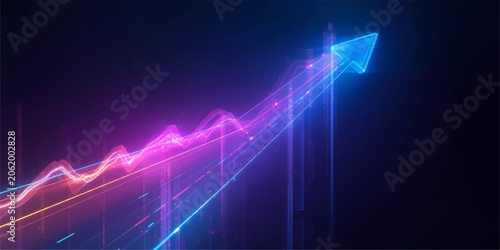 Abstract financial growth chart with glowing neon blue upward arrow and purple graph line