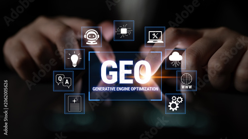 Fotografie Conceptual Graphic of Generative Engine Optimization with Virtual Icons Representing Technology, Innovation, and Digital Strategy Fluxor