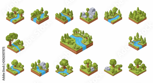 Tableau sur toile Collection of isometric landscapes with rivers, trees, and rocks, representing different natural environments