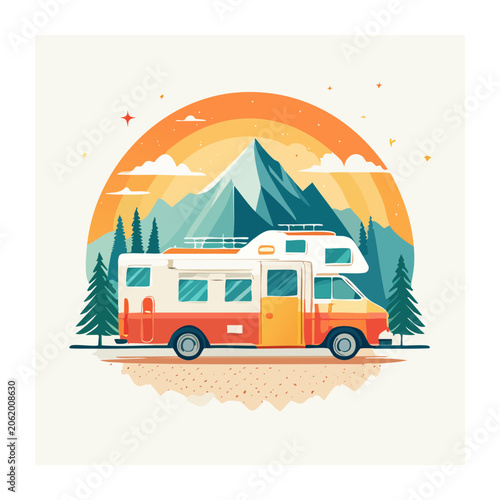 Flat design camper van with mountain and sun