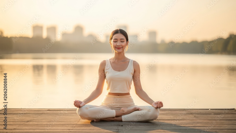 Fototapeta premium Young Woman Practicing Yoga Meditation on a Wooden Pier at Sunset