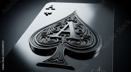Close up of an ornate Ace of Spades playing card with intricate details.