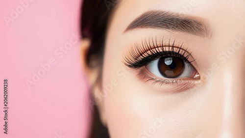 Close-up Eye with Eyelashes: A striking close-up of a human eye with perfectly applied makeup, showcasing long, lush eyelashes and a well-defined eyebrow against a soft pink background.