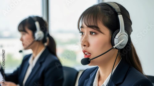 Customer Service Professionals: Two focused women, wearing headsets and professional attire, work diligently in a call center environment, providing support and assistance.
