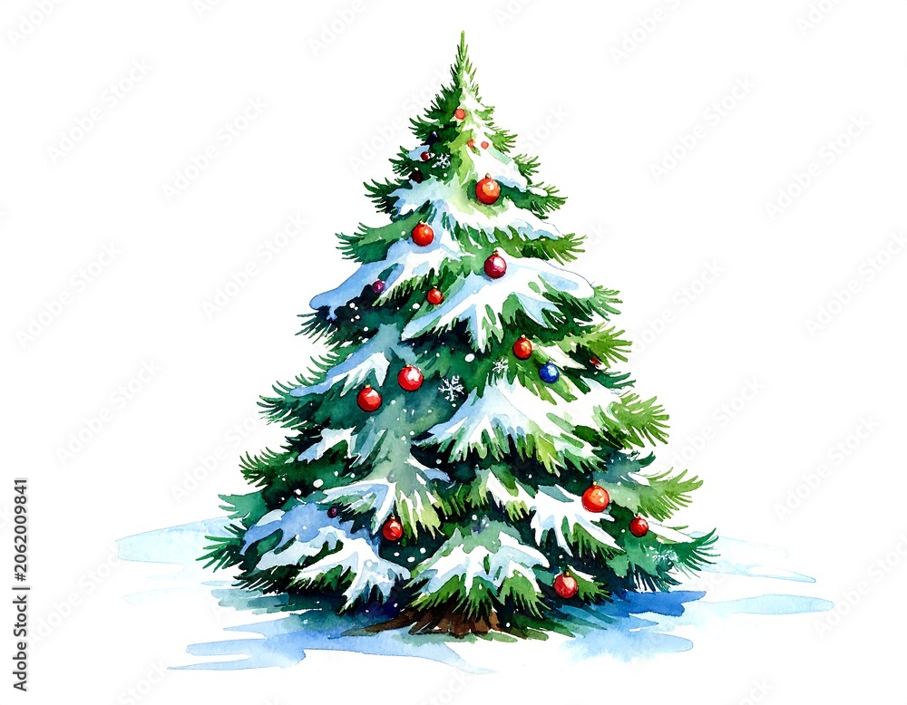 Fototapeta premium A snow-covered pine tree with red ornaments on a white background