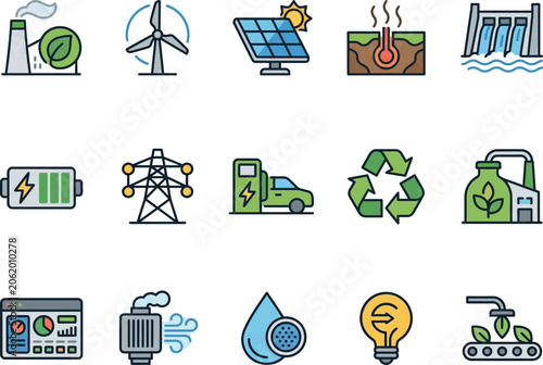 Eco Friendly Sustainable Energy Icons Set.