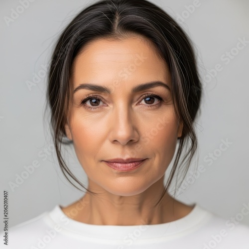 Close up portrait of a mature woman with dark hair and brown eyes looking directly at the camera.