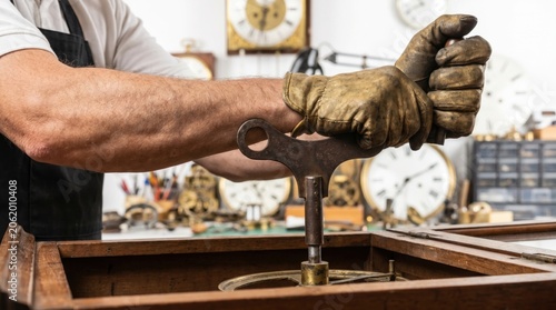 Close up of a clockmaker hands winding and repairing an antique wooden clock mechanism