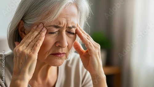 Elderly woman experiencing a headache. This close-up shot captures an elderly woman with gray hair, her eyes closed in pain, temples clasped by her hands. The image conveys suffering and distress.