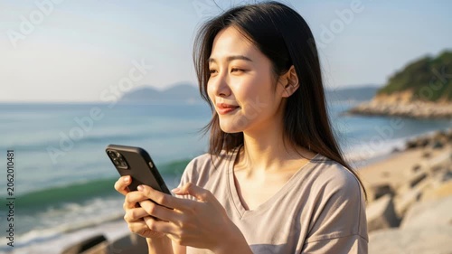 Young Woman on Beach with Smartphone: A happy young woman, looking out towards the ocean, holds a smartphone in her hands as she enjoys a sunny day at the beach.