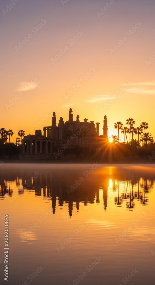 Fototapeta premium Palace Architecture Silhouette at Sunrise with Lake Reflection for Travel and Architectural Background