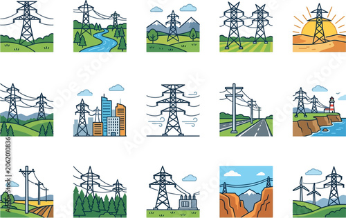 Electric power transmission towers in various landscapes.