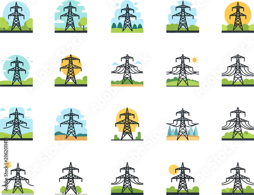 Electricity transmission towers in various settings.