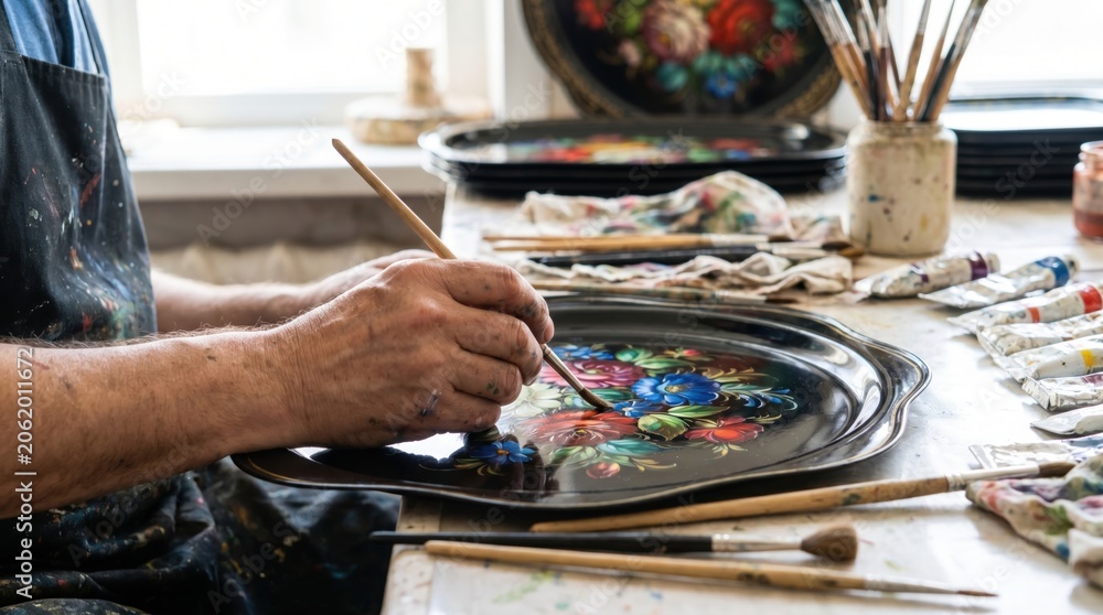 Obraz premium Artist hands holding a brush and painting a traditional floral pattern on a black metal tray