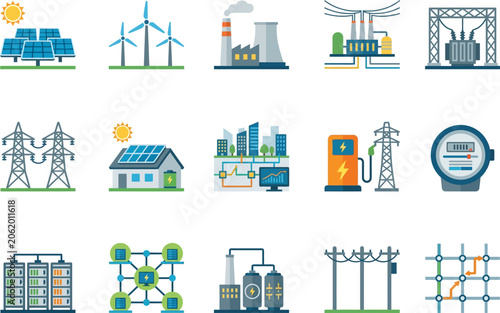 Energy Industry Power Grid Infrastructure Icons.