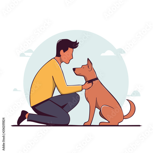 Man petting a dog in flat vector style