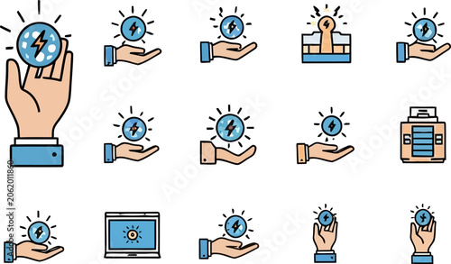 Hands holding glowing blue icons technology.