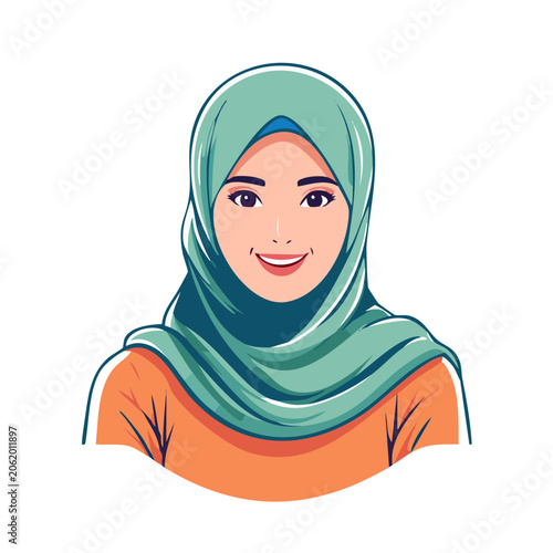 Smiling woman wearing teal hijab and orange top illustration