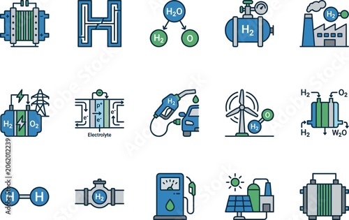 Hydrogen Fuel Cell Energy Icons Set.