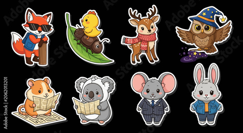 Colorful Cartoon Animal Characters in Various Outfits.