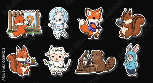 Colorful Cartoon Animal Characters in Various Outfits and Poses.