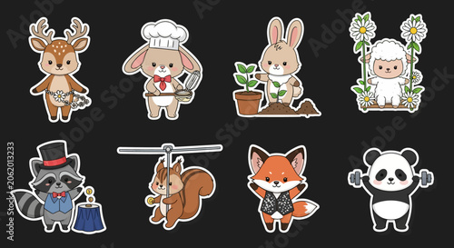 Colorful Cartoon Animal Characters in Various Outfits and Poses.