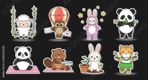 Colorful cartoon animals and characters in various poses.