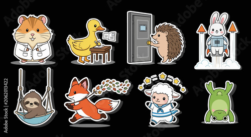 Colorful cartoon animal characters in various poses and outfits.