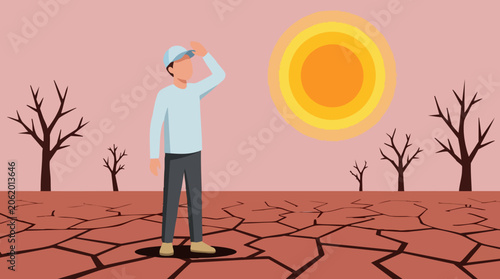 Tableau sur toile Drought and Climate Change: Man in Arid Land Under Scorching Sun
